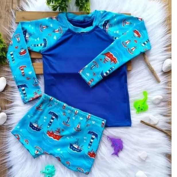 SUNGA bebê/ Infantil boxer + Blusa proteção uv CONJUNTO de banho térmico moda praia menino em Oferta na Shopee
