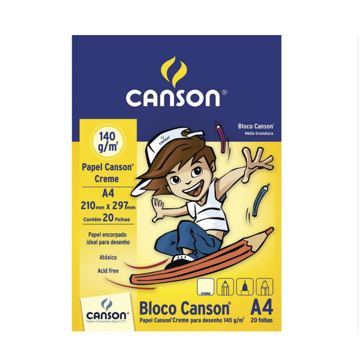 Bloco Papel Canson Desenho Escolar Branco e Creme 140 g A4 20 Folhas Ref. 66667072