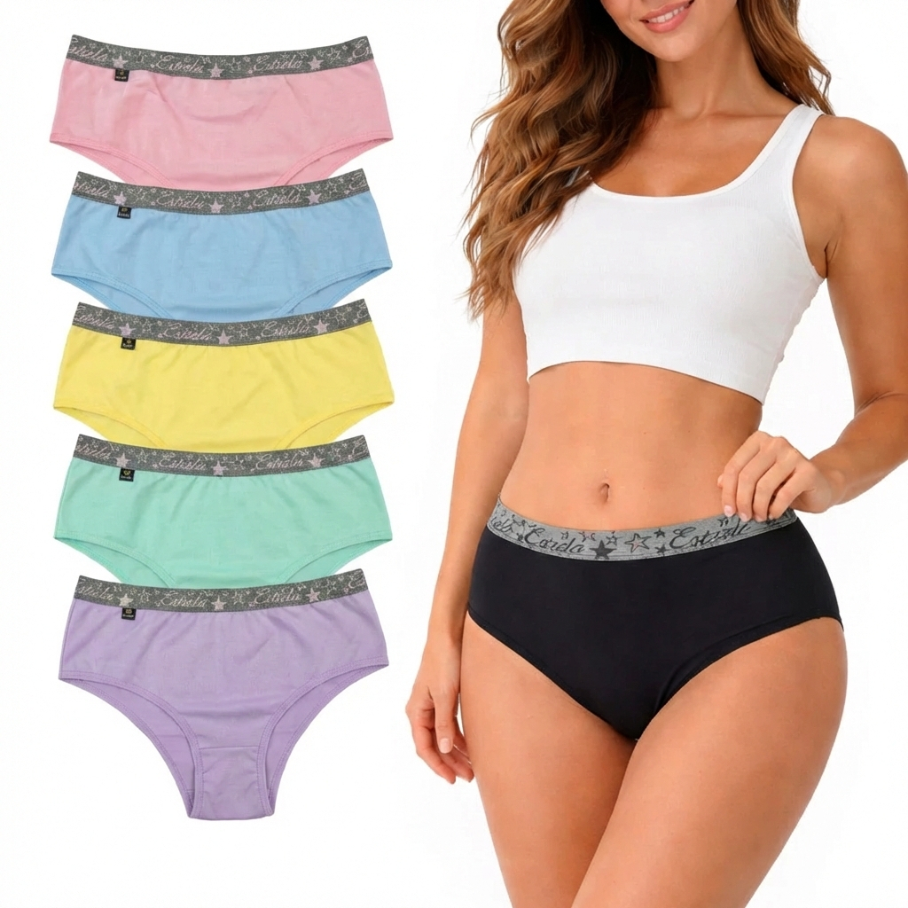 KIT Calcinha Calçola Cintura Alta Algodão Lisa Redutora Luxo Lateral Larga Conforto Lingerie