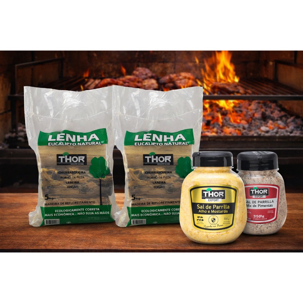 Kit Churrasco Prime 10 kilos Lenha Eucalipto + Sal Parrilha Alho e Mostarda 800g + Sal Parrilha Mix de Pimenta 350g Thor
