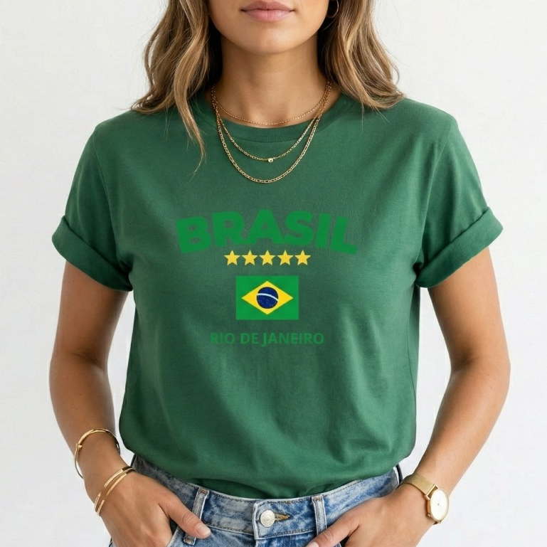 Camiseta Blusa Feminina Estampa Brasil Rio de Janeiro 100% Algodão Copa do Mundo Carnaval Lançamento
