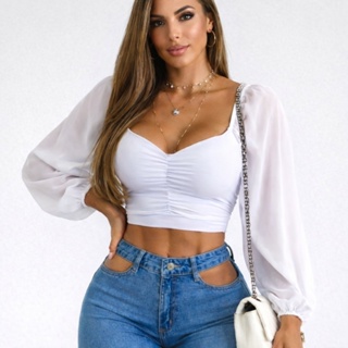 cropped juliette manga longa bufante tule blusinha com bojo blusa festa elegante em Oferta na Shopee