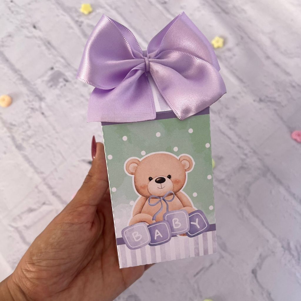 Kit caixas Milk personalizadas Chá Revelação tema Ursinho Ursinho lilás e verde PEGUE E MONTE