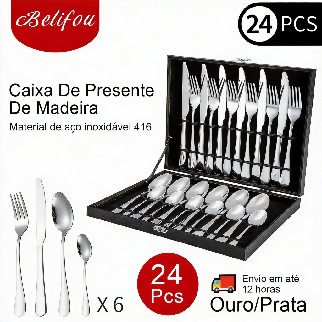 Belifou Kit 24 Peças Jogo De Talheres Dourados Aço Inoxidável 416 Caixa De Madeira em Oferta na Shopee
