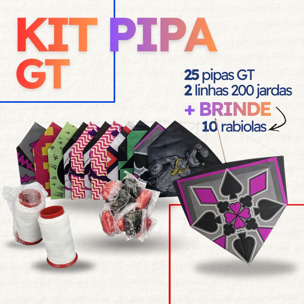 Kit Pipa GT Arcado 50cm|Escolha 7, 10, 15 ou 25 Unid | Brinde Chaveiro de Pipa +10 Rabiolas +1 Linha