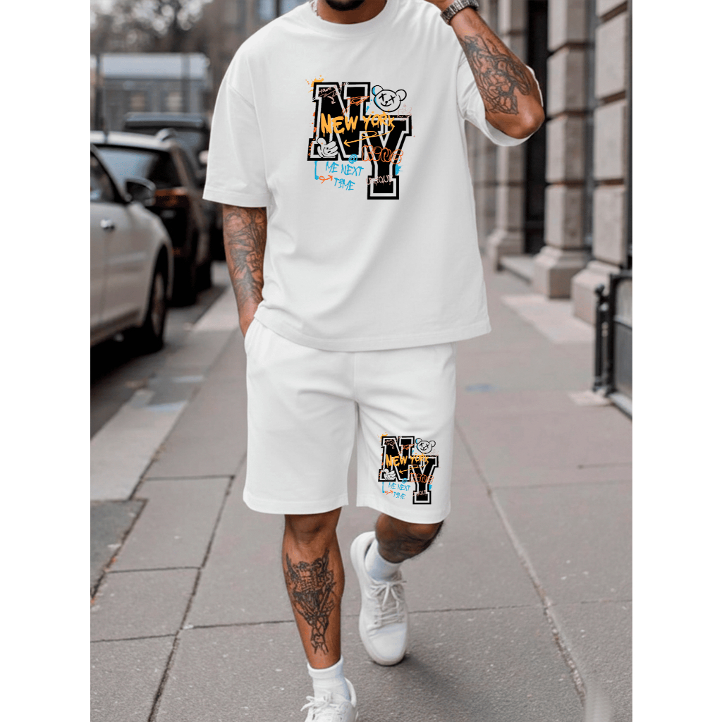Conjunto Camiseta + Short Tactel Estampado New York Street Camiseta Malha Linha Premium + Short Mauricinho