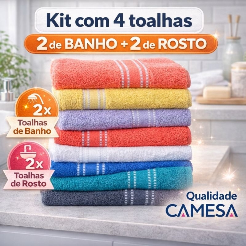Kit Jogo Toalha de Banho e Rosto Camesa 4 Peças Algodão Felpuda Macia Barata