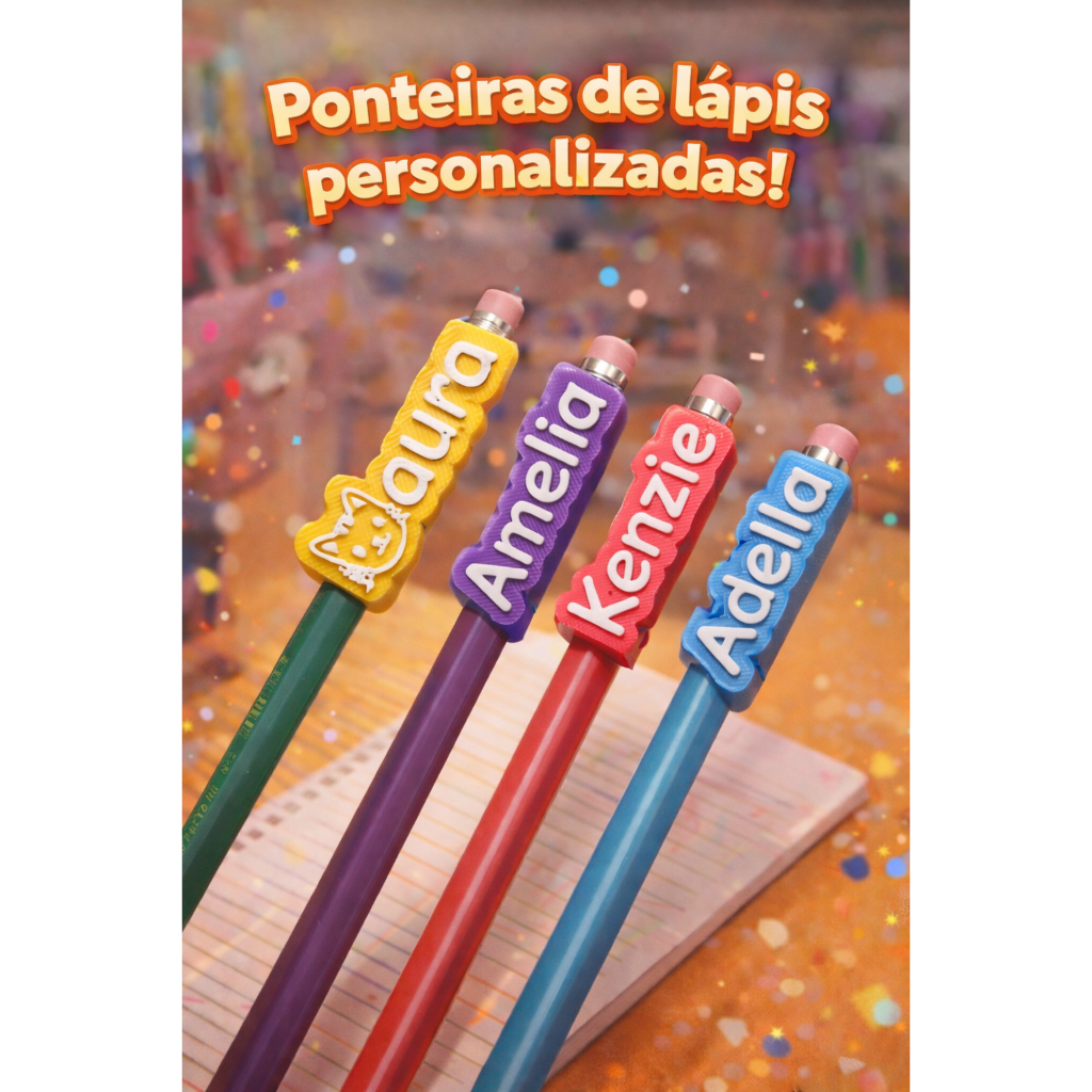 Ponteira de Lápis CANETA-BIC Personalizada 3D com Nome –Topper Escolar Infantil | Volta às Aulas | Lembrancinha Criativa
