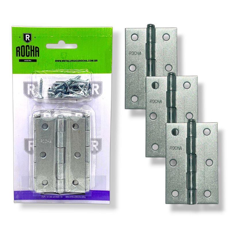 Kit 3 Dobradiças zincadas Rocha de 3 polegadas para portas. Com parafusos. em Oferta na Shopee
