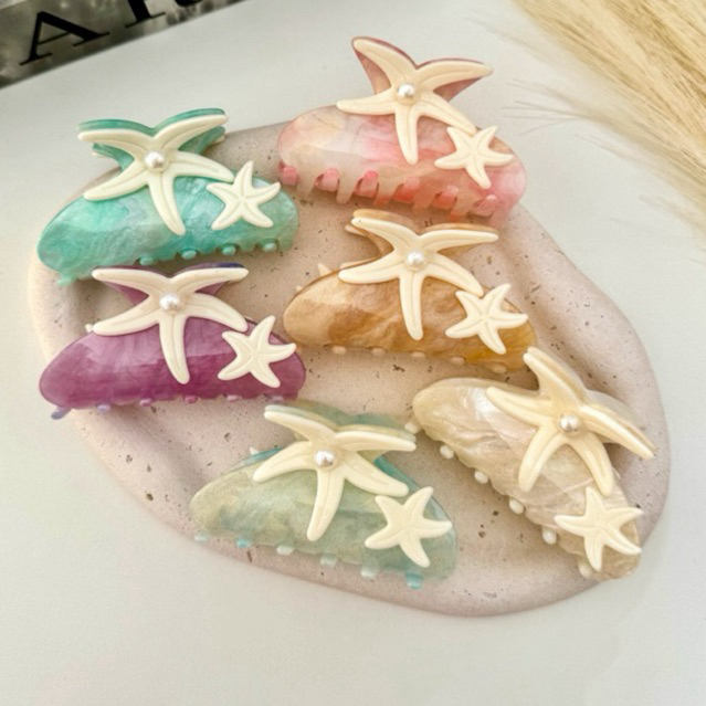 Piranha de Cabelo Acetato Marmorizada Estrela do Mar | Prendedor com Pérola Pregadeira Verão