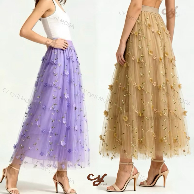 Saia Midi Longa de Tule Plissada bordada com flores 3D–Saia bordada em relevo – Novo modelo---festa Modas em Oferta na Shopee