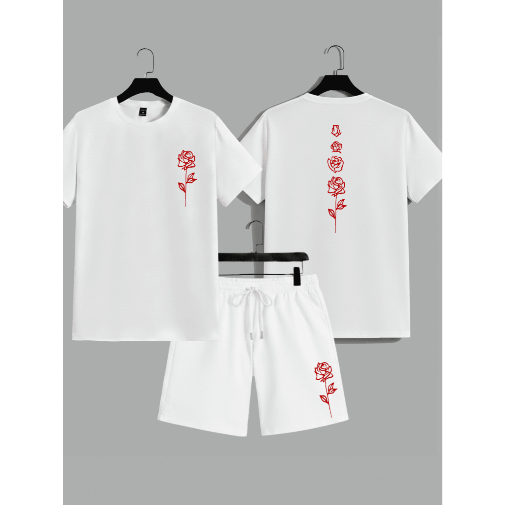 Kit Camiseta Masculina + Short Tactel Rosas Flores Vermelhas Lançamento Treino Academia Esporte Verão