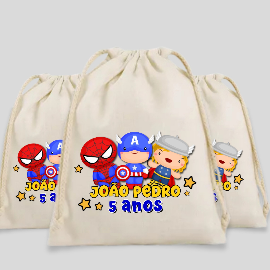 Saquinho Personalizado De Algodão Cru Tema Vingadores Lembrancinha Aniversário Infantil Festa Infantil Vingadores