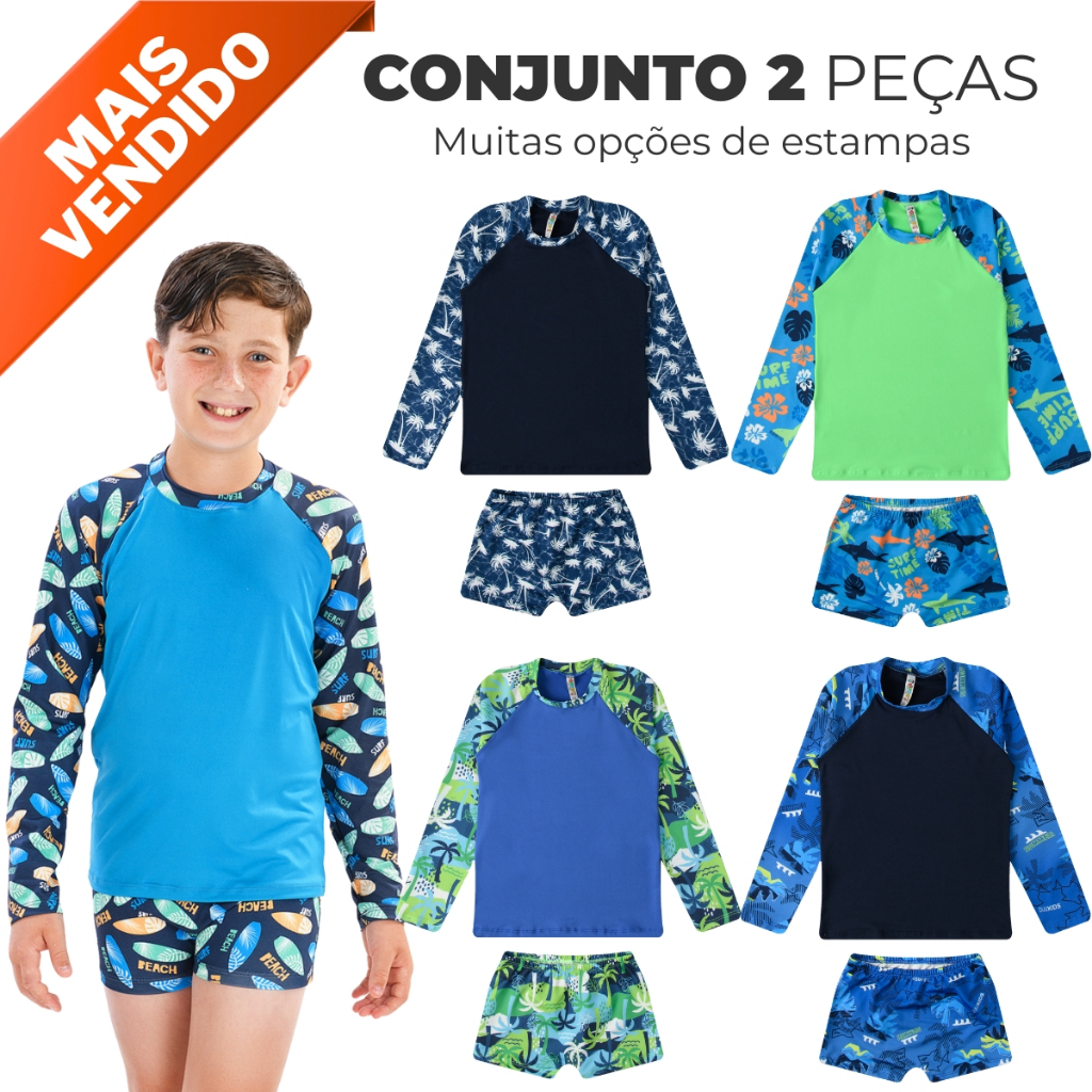 Conjunto Camisa + Sunga com Proteção Solar UV50 Bebê e Infantil Moda Praia Meninos Estampado Lote cueca