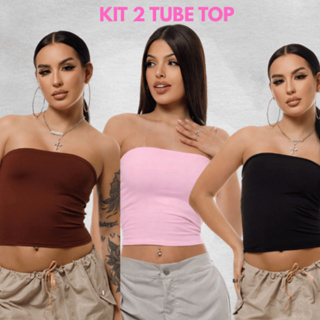 Kit 2 Tube Top Feminino Blusa Faixa Tomara Que Caia Suplex Forro Duplo em Oferta na Shopee