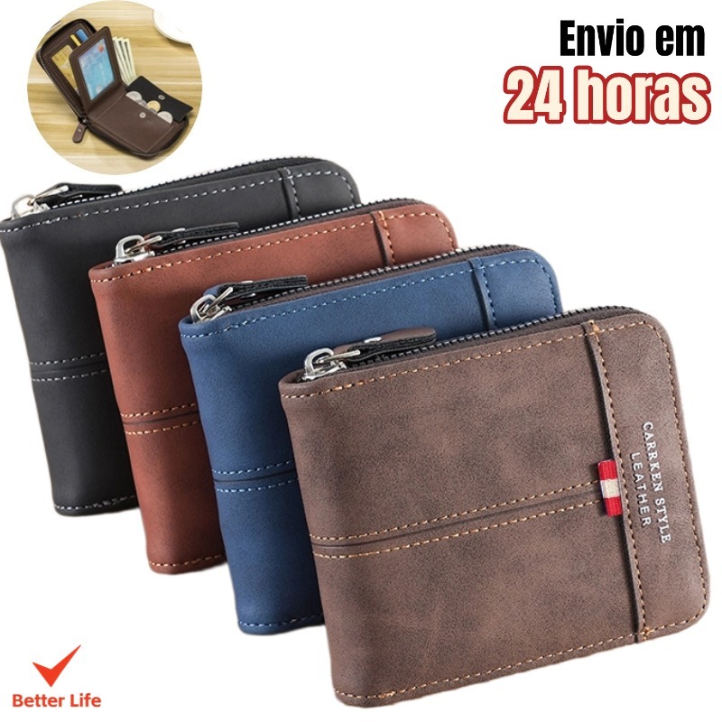 Carteira de Couro Multifuncional com Zíper e Porta-Cartões de Identidade Presentes de Natal-BT