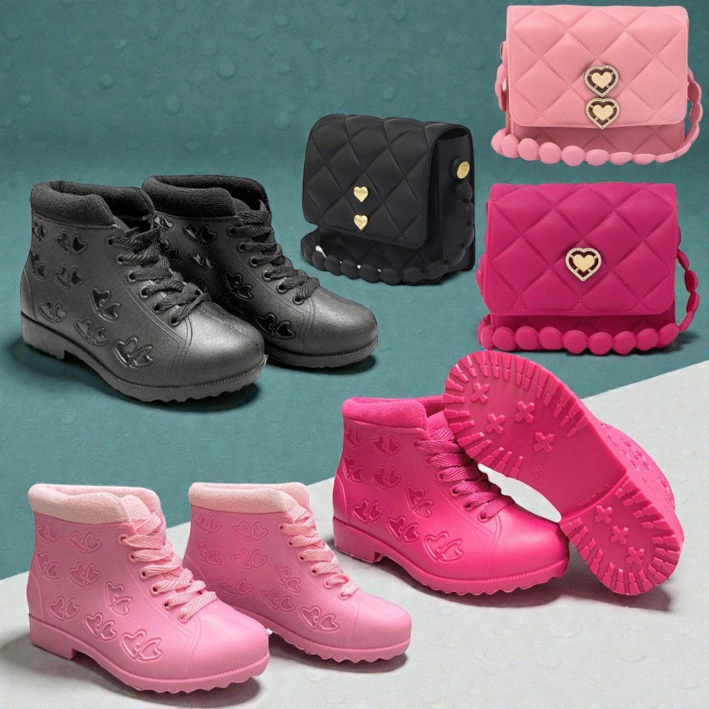 Conjunto Infantil Bota + Bolsinha Coração Feminino | Material Confortável E Impermeável OFFT
