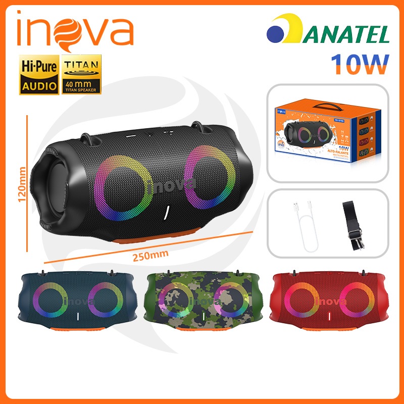 Inova Caixa de Som Bluetooth Portátil 10W TWS Caixinha de Som com RGB FM IPX6 Som Estéreo Graves Intensos, md12706