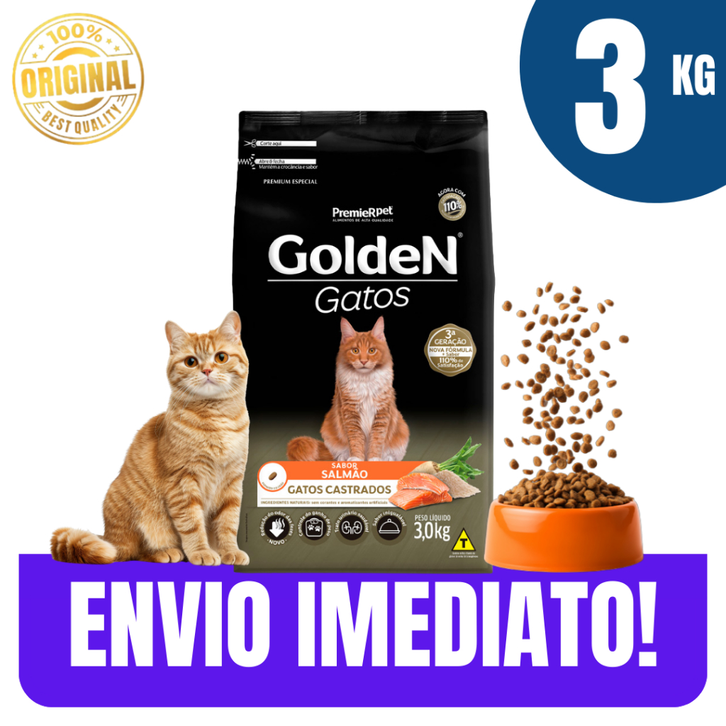 Ração para Gatos Castrados Sabor Salmão 3kg Alimento Premium Especial Completo - Envio Imediato