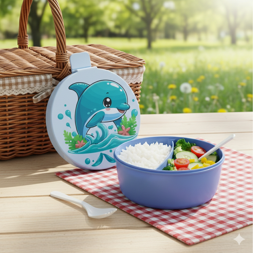 MARMITA DE PLASTICO GOLFINHO COM 2 DIVISORIAS + COLHER GARFO infantil para crianças