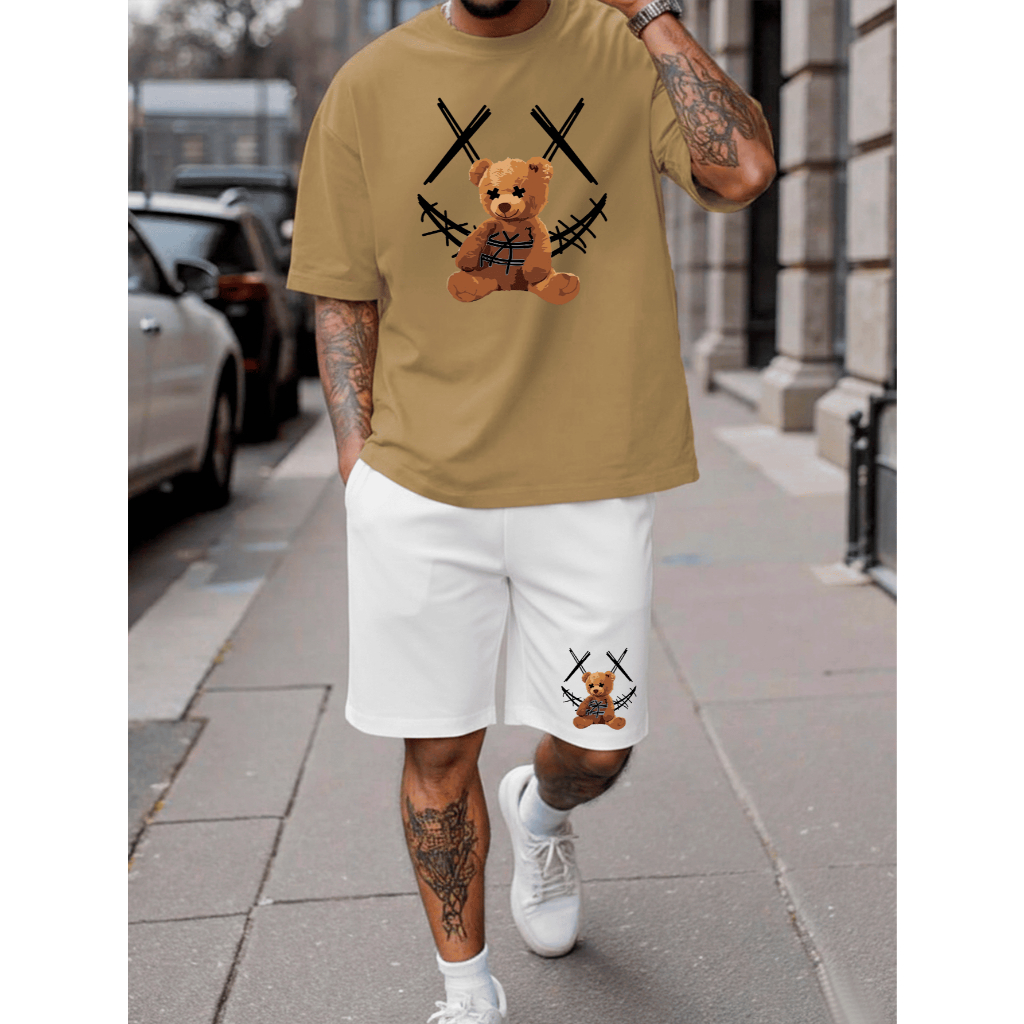 Kit Camiseta Masculina + Short Tactel Urso Carinha Sorrindo Lançamento Treino Academia Esporte Verão