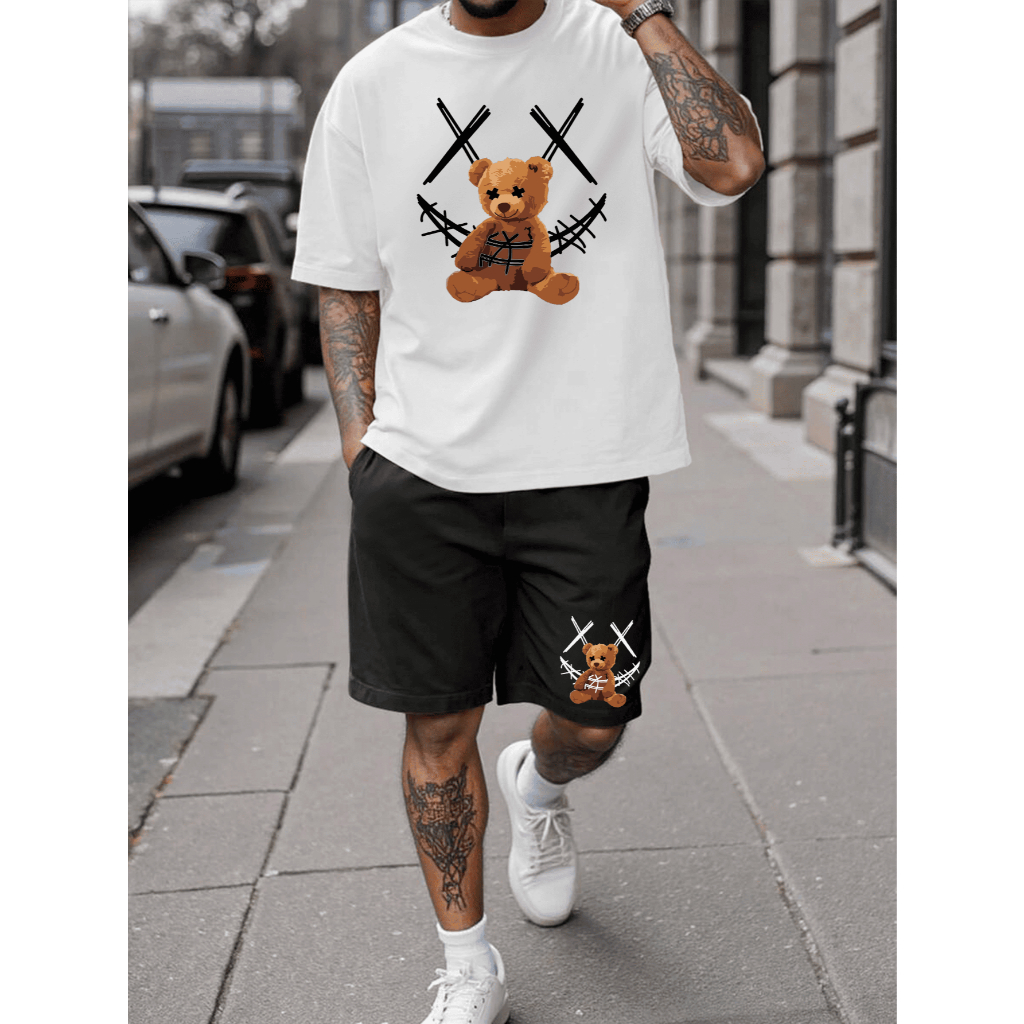 Conjunto Kit Camiseta Urso Ursinho Sorindo algodão E Bermuda Tectel Estampados Camisa Masculina Camiseta Short
