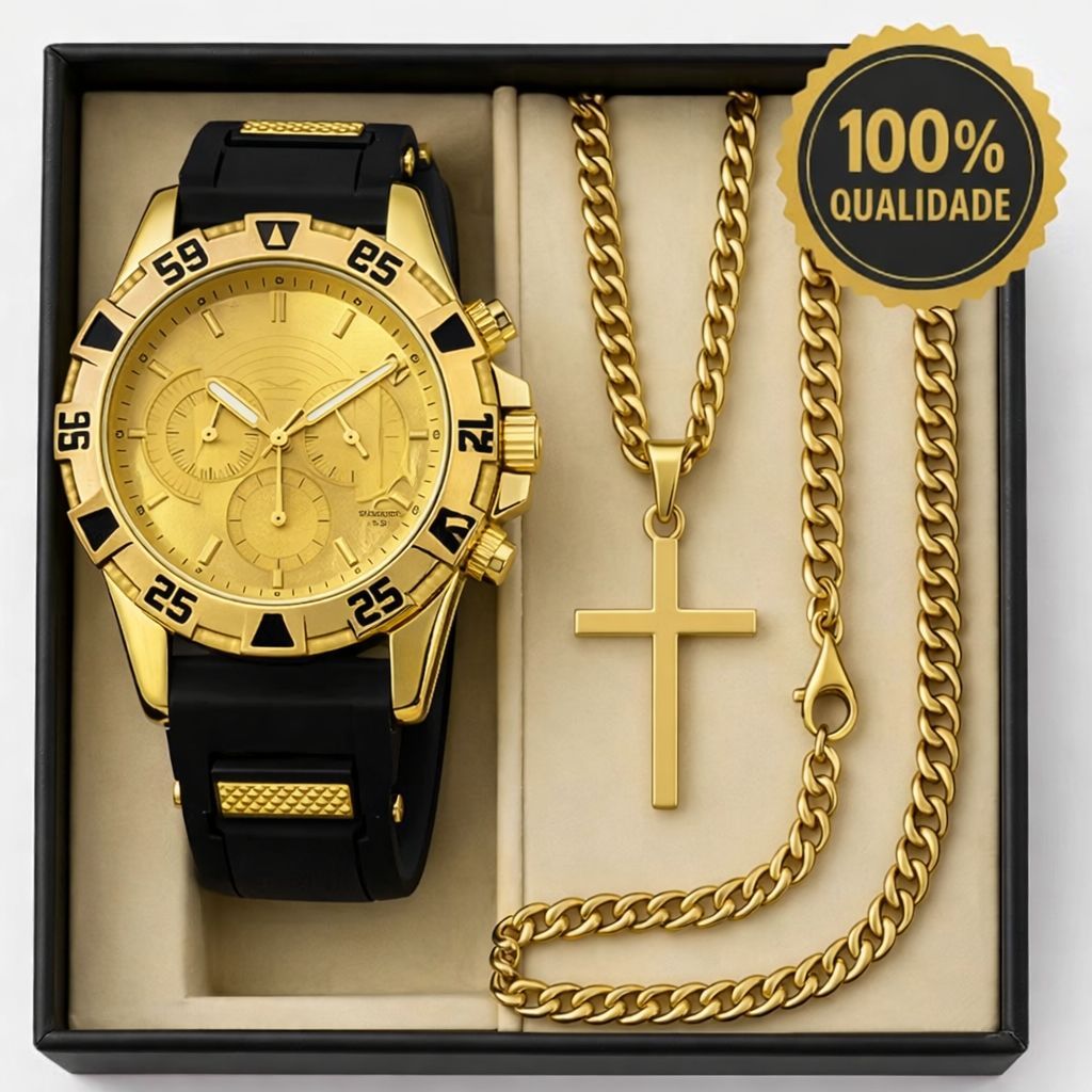Kit Relogio Masculino Banhado a Ouro Original + Pingente + Colar com Cruz + Pulseira Premium em Oferta na Shopee