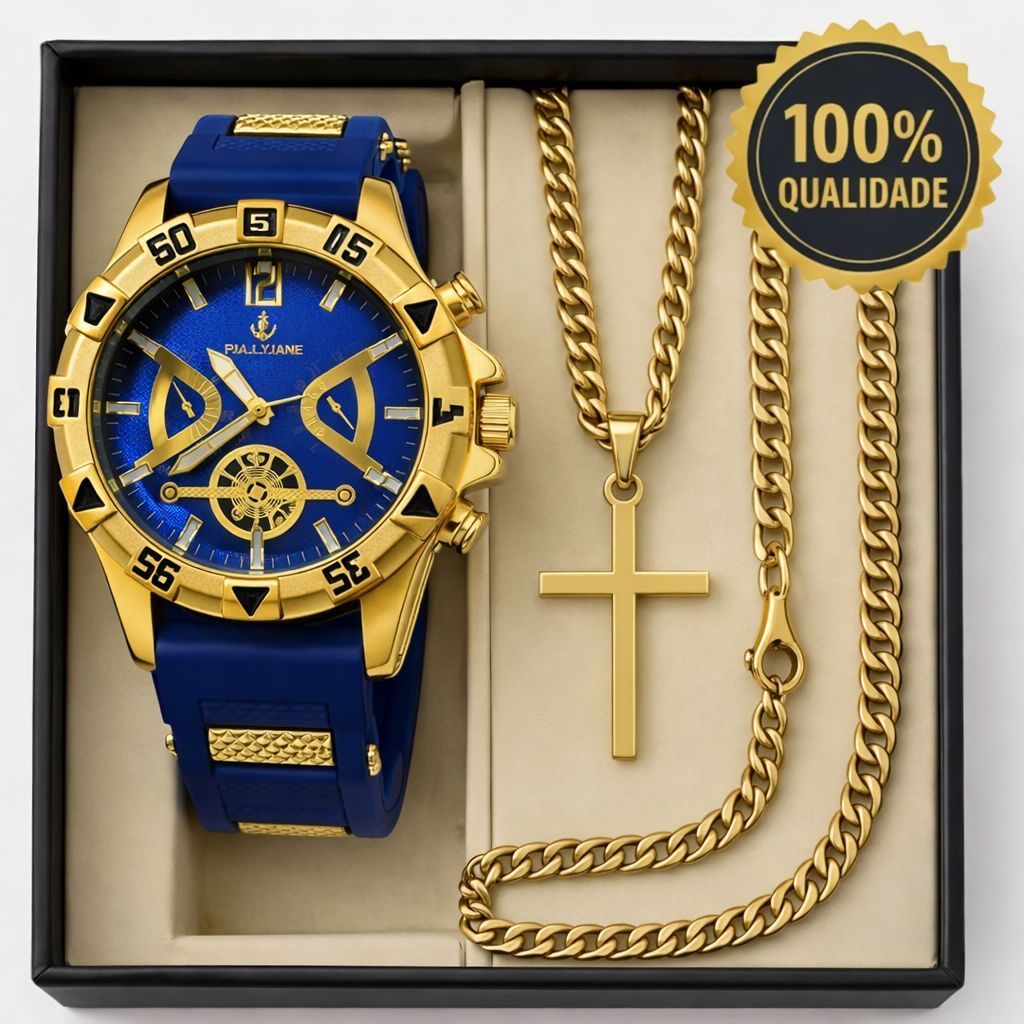 Relógio Masculino A Prova d' Água Banhado a Ouro Original + Colar com Cruz + Pingente + Pulseira em Oferta na Shopee