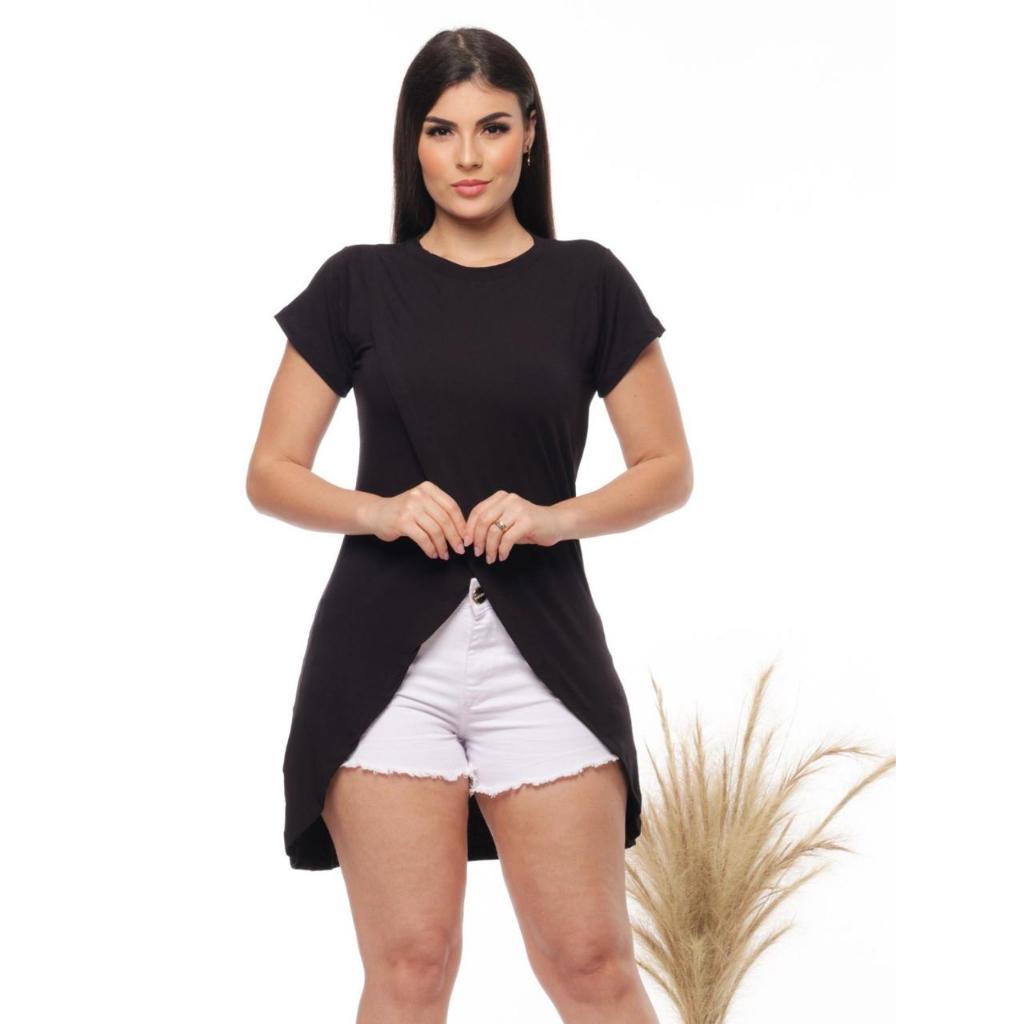 Blusa Feminina Cruzada Mullet Tampa Bumbum Elegante Manga Curta Longa Atrás Moda Country Dia a Dia