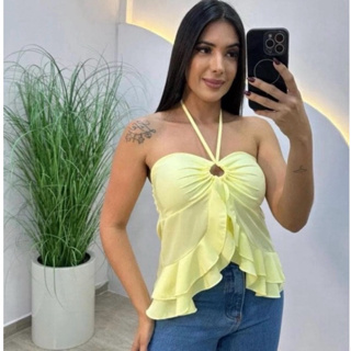 cropped top blusinha feminina tendência candy color amarração alfaiataria em Oferta na Shopee