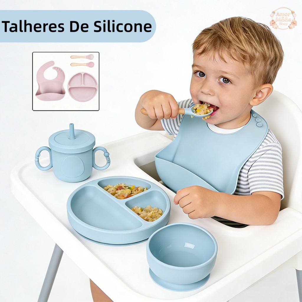 Kit6 Talheres bebê silicone 4/6Peças Talheres Infantil Com Ventosa Canudo Colher Babador Garfo em Oferta na Shopee