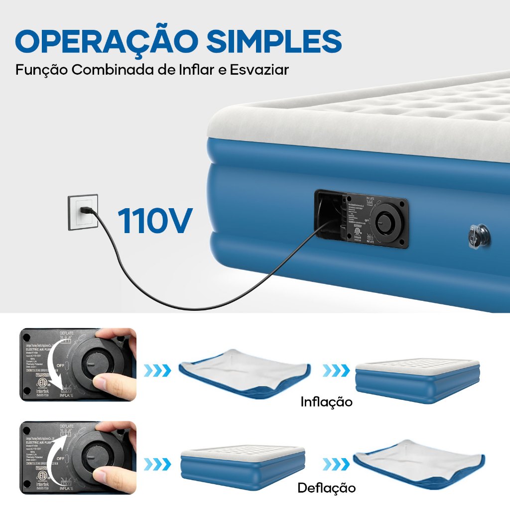Colchão Inflável Queen Casal com Bomba Elétrica Integrada 110V/220V, Inflar e Esvaziar Rápido, 205×155×36cm — imagem 2 de 2