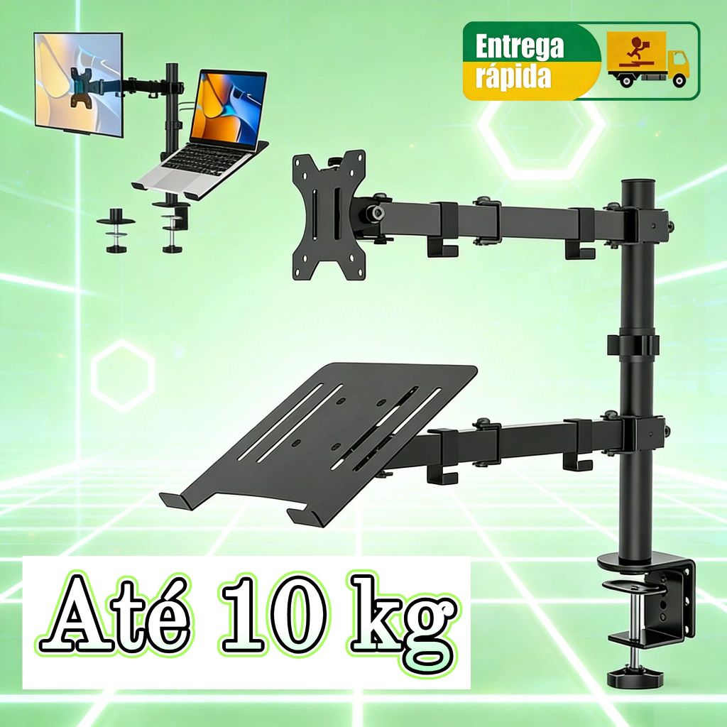 Suporte de mesa duplamente articulado para monitor e notebook, com bandeja ajustável Até 10 kg