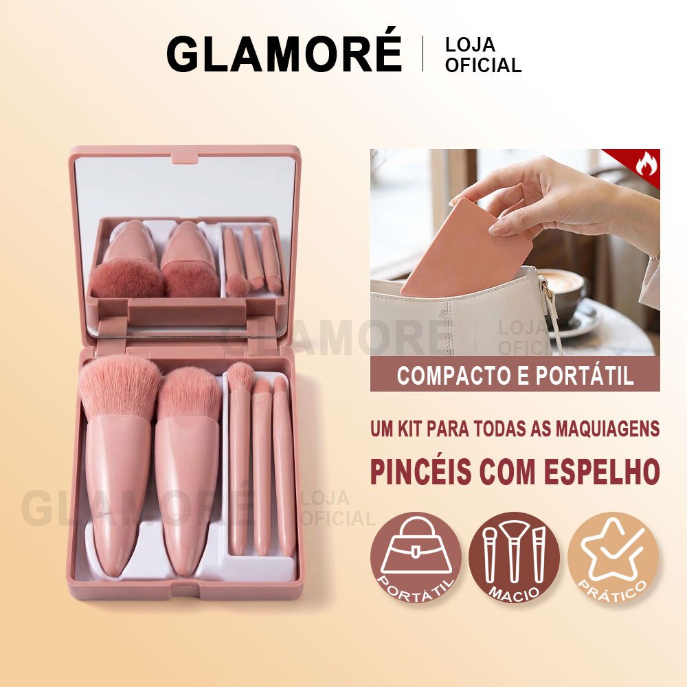 Kit 5 Pincéis de Maquiagem Portátil com Estojo e Espelho Mini Set para Viagem Profissional