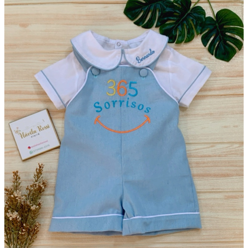 365 sorrisos/ jardineira personalizada/ jardineira menino/ jardineira para menino 365 sorrisos/bordado/tematico