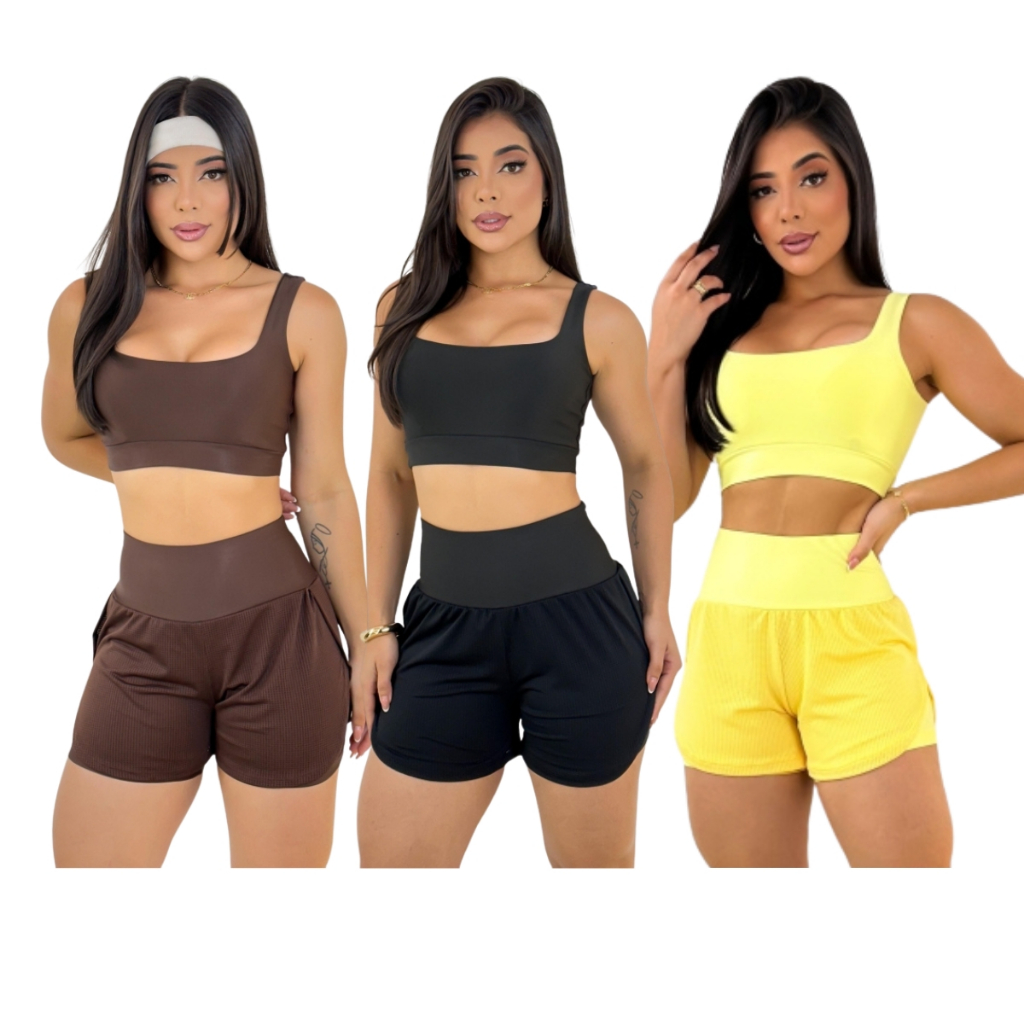 Conjunto short com top furadinho Academia Roupa de Malhar Zero Transparência Suplex Premium feminino