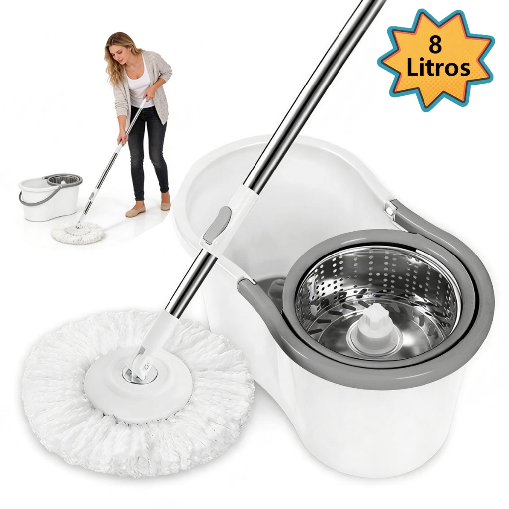Mop Giratório Cabo de 2 Em 1 Mop 8 Litros Cesto Em Plástico e Inox - Balde Centrífuga
