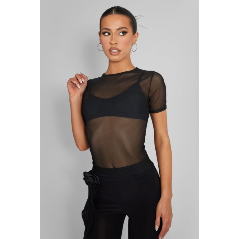 Blusinha Tule Preta Transparente Manga Curta Super Leve Segunda Pele Tamanho Único 34-40