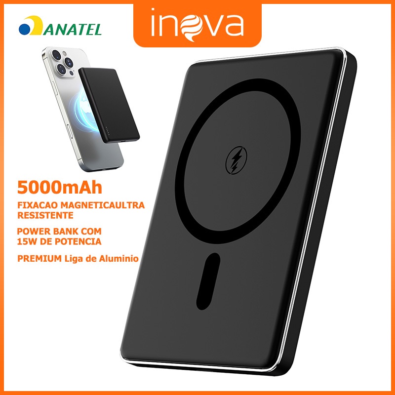 Power Bank Magnético 5000mAh Carregamento Wireless 15W Liga de Alumínio ANATEL BR-A-PT178B-black