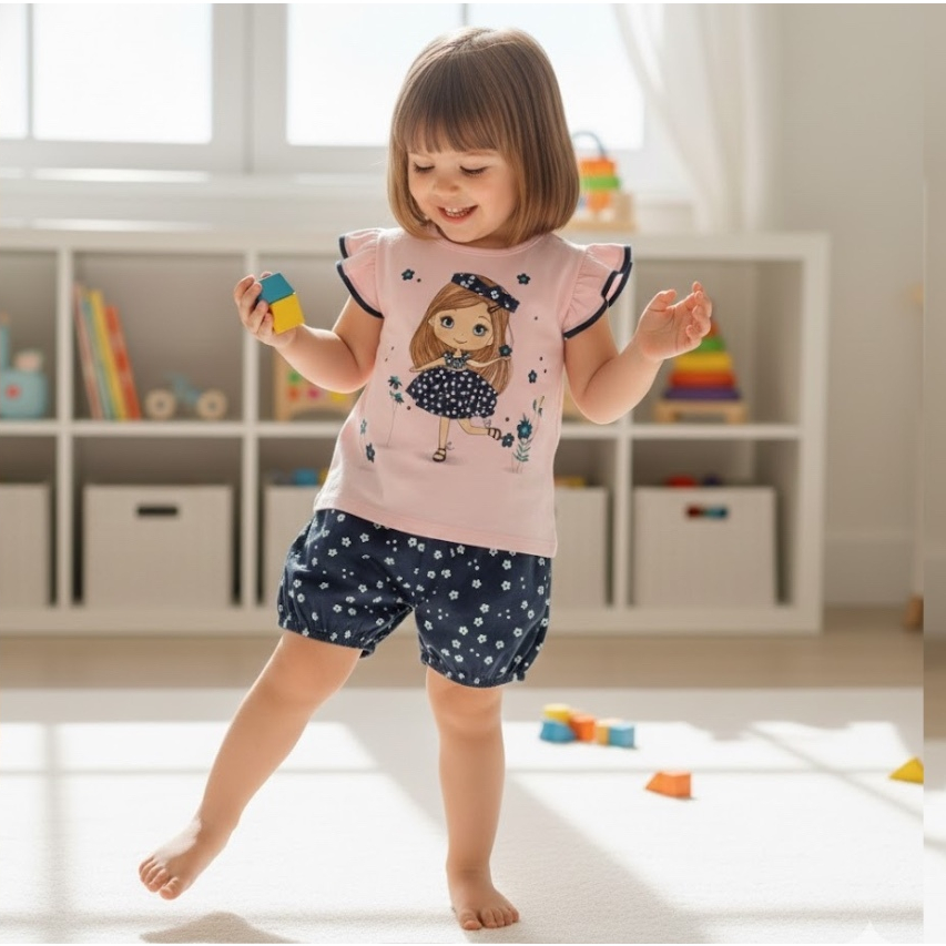 Conjunto Infantil Menina Blusa Em M/Malha e Short Em Cotton Estampa Localizada Glitter Laço Em Molde