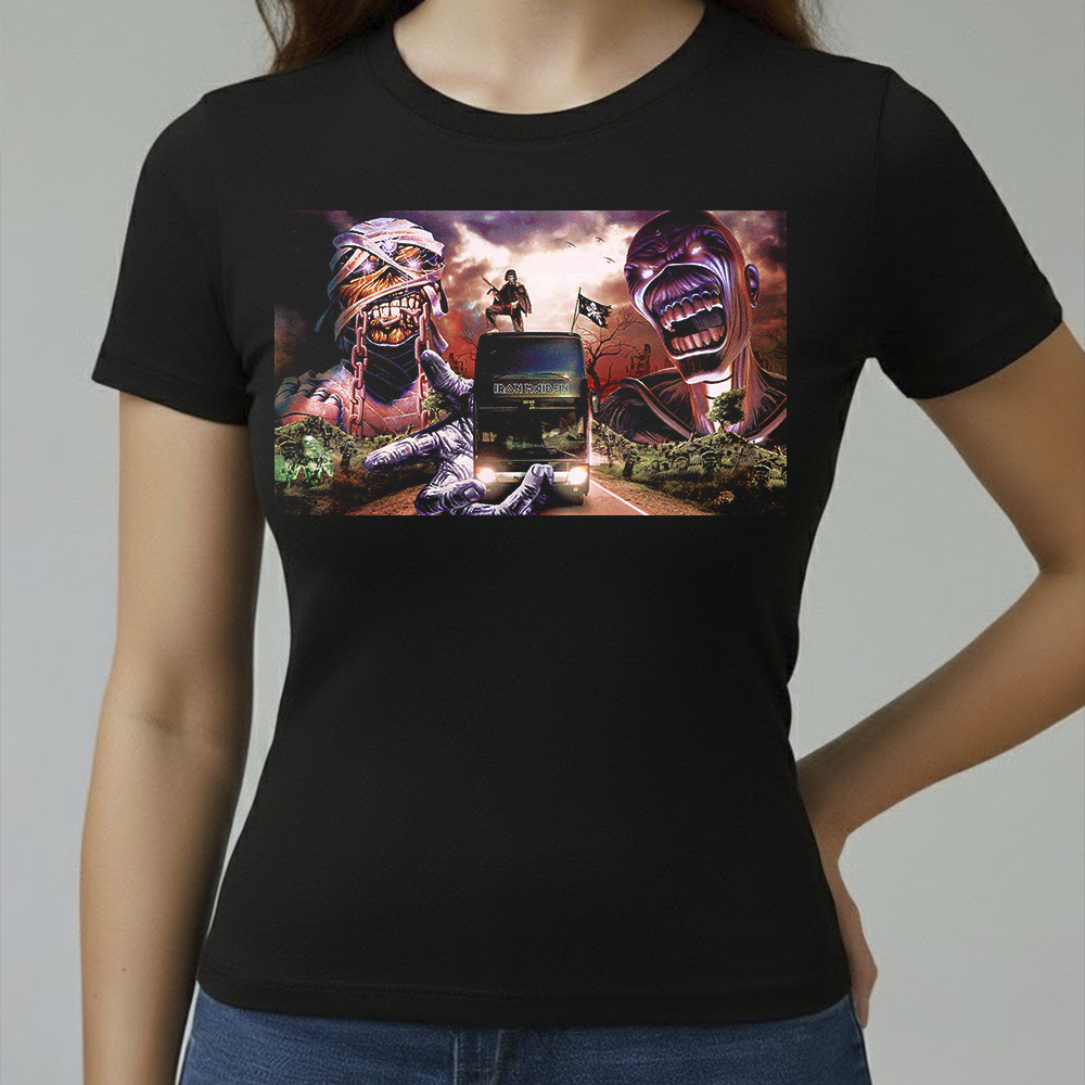 Camiseta Baby Look Feminina Algodão Conforto Qualidade Estampada Iron Maiden Onibus Do Tamanho P ao GG