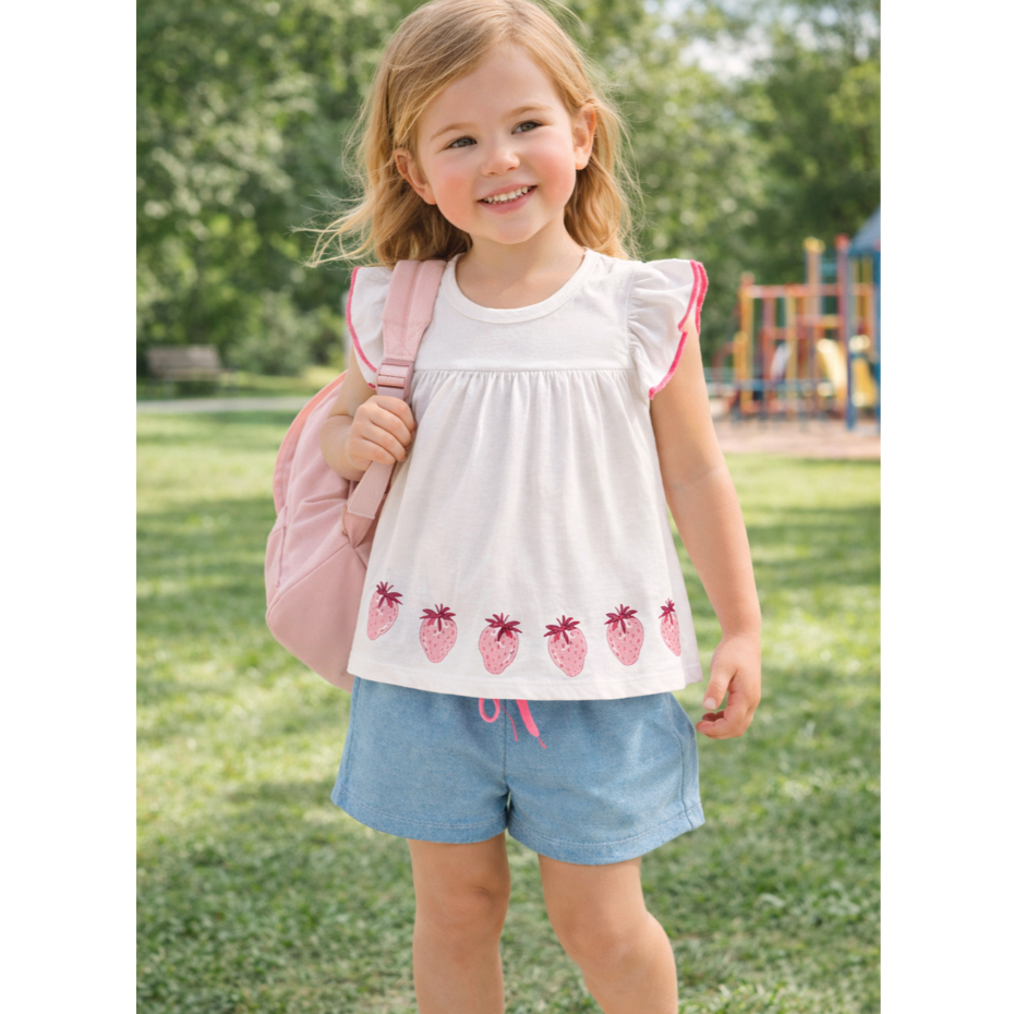 Conjunto Infantil Blusa Meia Malha com Estampa de Morangos e Shorts Moletinho em Oferta na Shopee