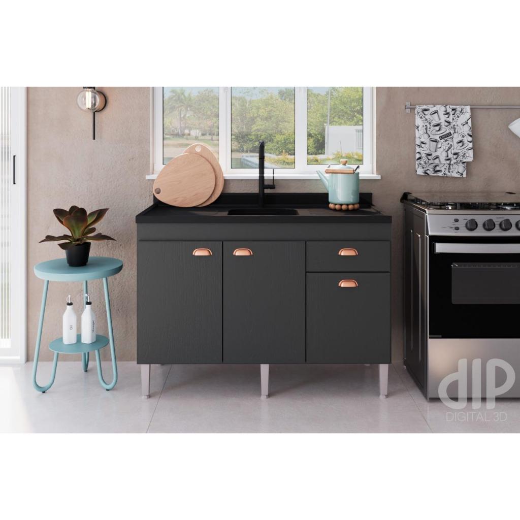 Balcão Pia De Cozinha Premium 120cm Grafite - Arte Cas MAC em Oferta na Shopee