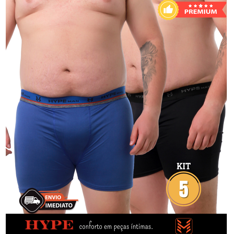 Kit 5 Cuecas Boxer Plus Size Adulto De Microfibra Lisa GG1 ao GG3 Cueca Masculina Box Premium