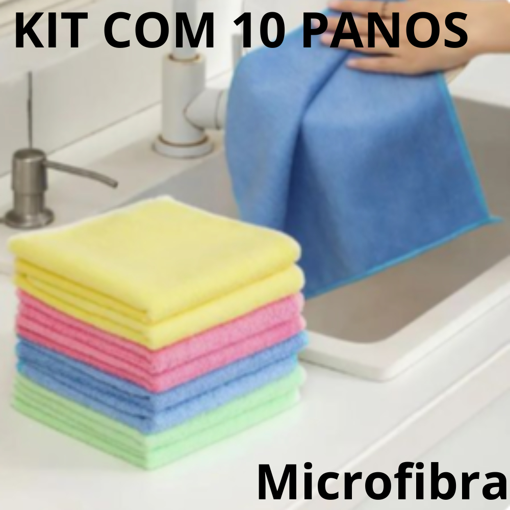 Kit 10 Panos De Limpeza Microfibra alta absorção Multiuso-Cores variadas