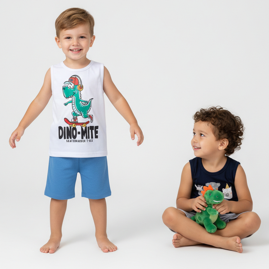 Kit 2 Conjuntos Menino Blusa Regata e Short 4 Peças Roupa Infantil Masculina Sortido Algodao
