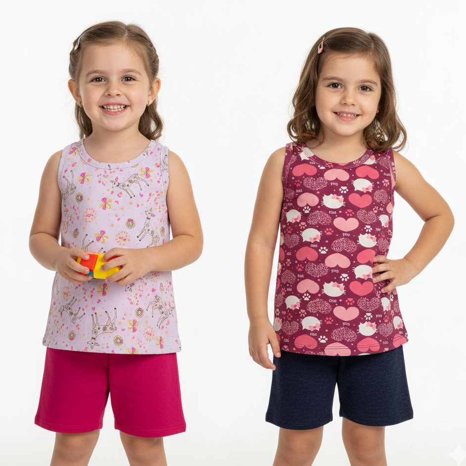 Kit 2 Conjuntos Cotton Menina Blusa Regata e Short Confortavel Bebe Infantil Verao Feminino