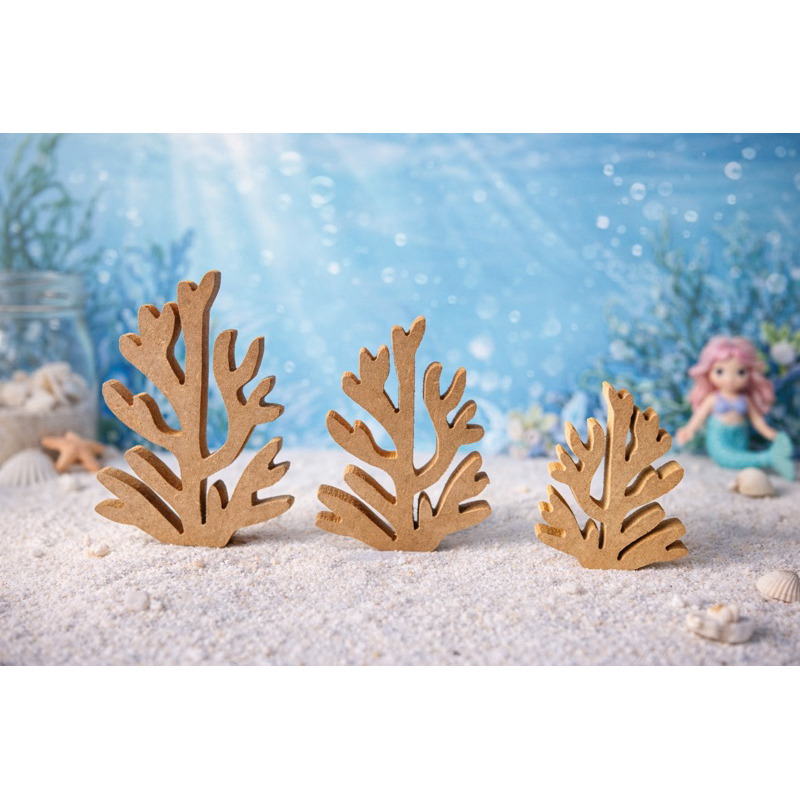 Adorno Algas Marinhas em MDF Cru – Kit com 3 Peças para Decoração Temática