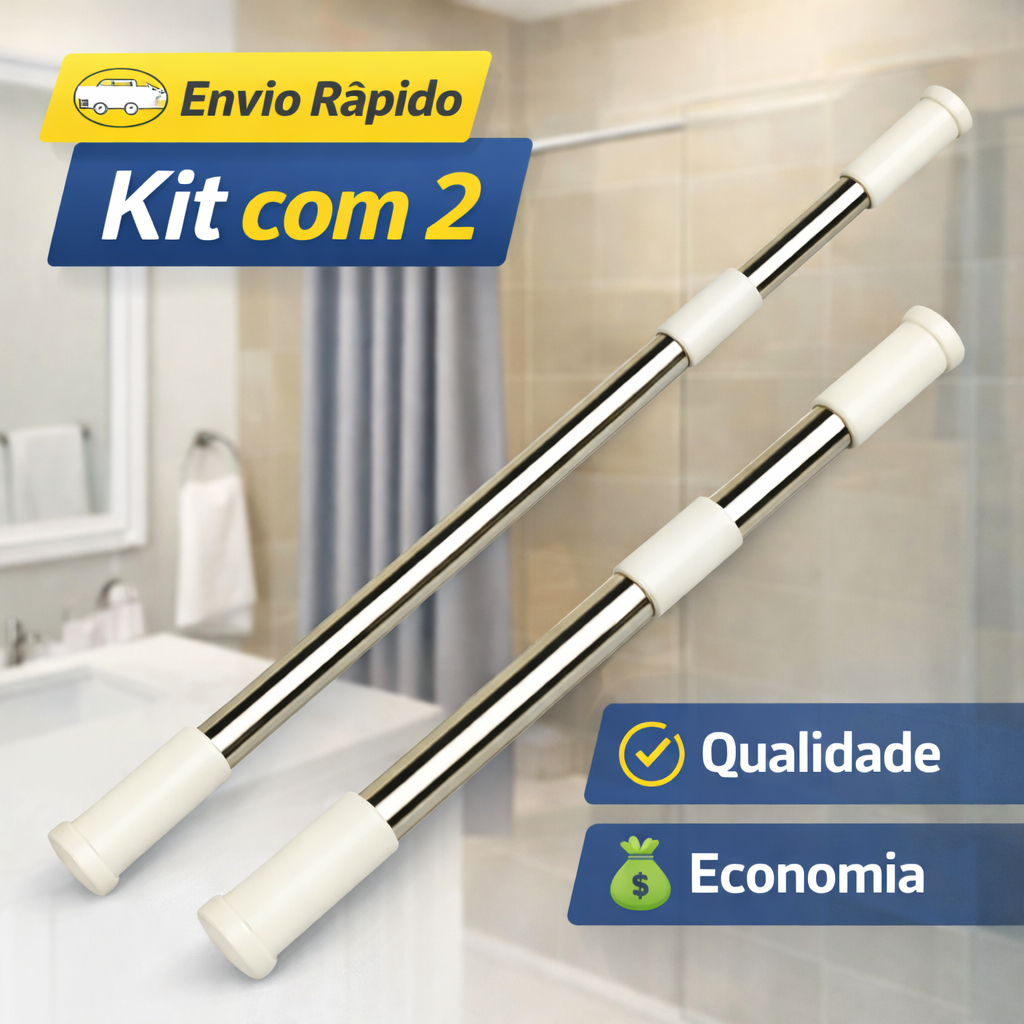 Varão Bastão Extensível de Pressão 110 a 200cm Ajustável para Box, Cortina, Banheiro, Amarios e Sem Furos Premium