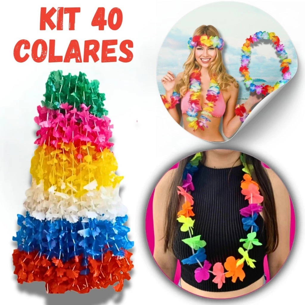 Kit 50 Colares Havaianos  Flores Coloridas para Carnaval e Festas